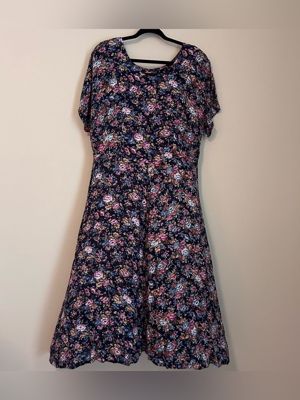 Vtg 90s Ms California Maxi Secretary Dress Navy Blue Floral Cottagecore Mom